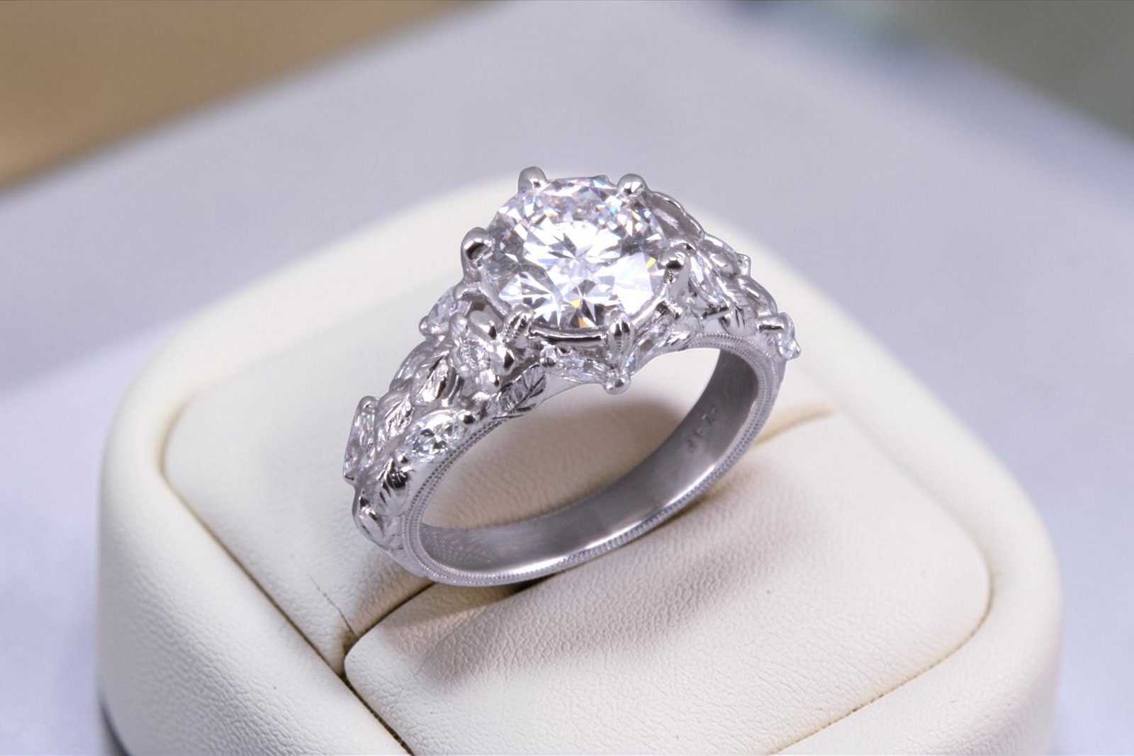 Vintage inspired floral engagement ring for Encinitas couples