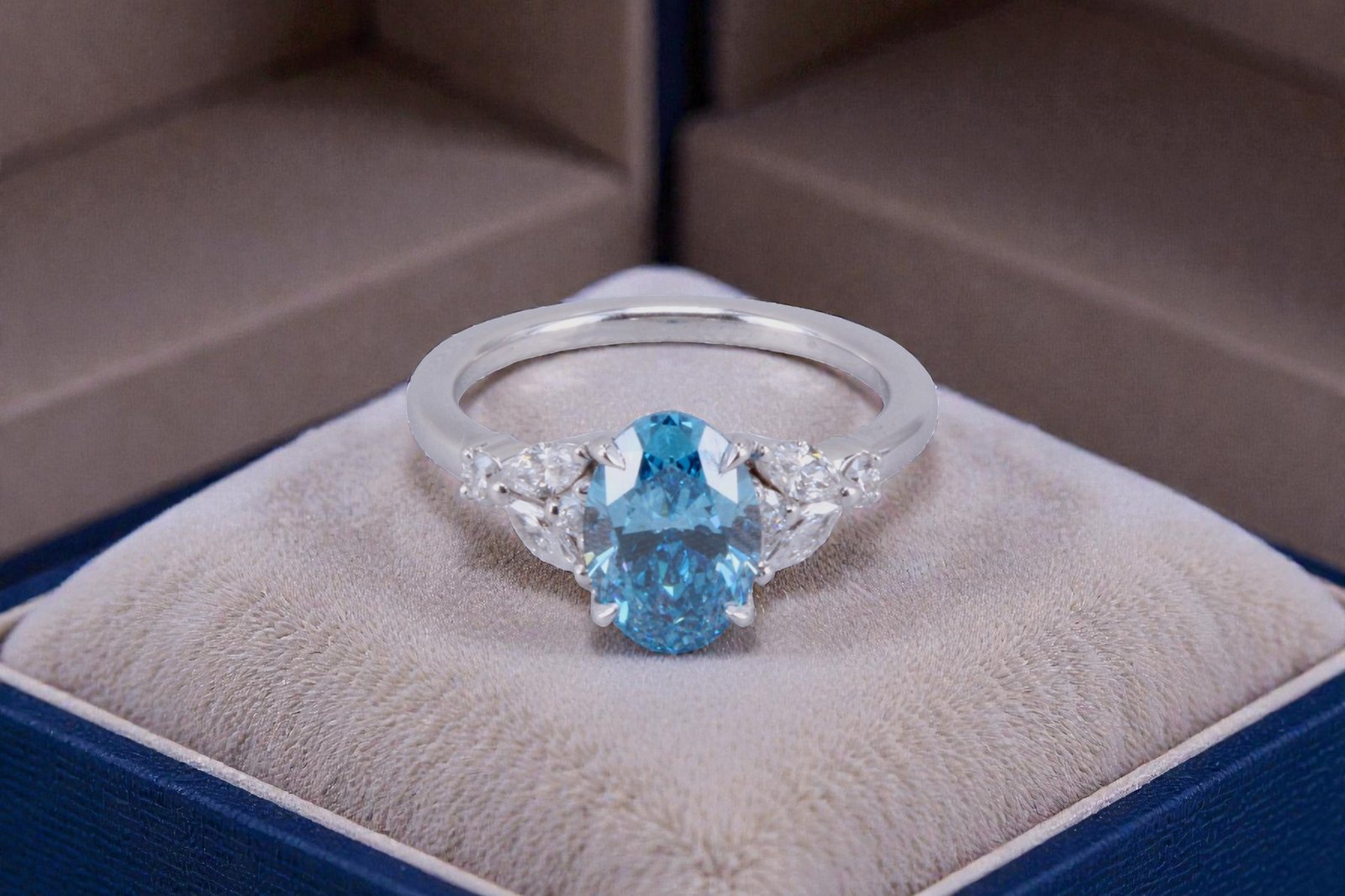 Custom-made lab-grown blue diamond ring for Encinitas couples