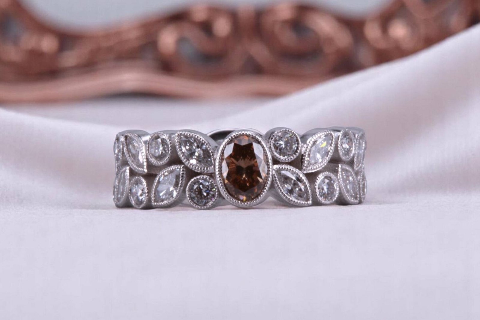 Non-traditional rootbeer diamond floral ring for couples in Encinitas